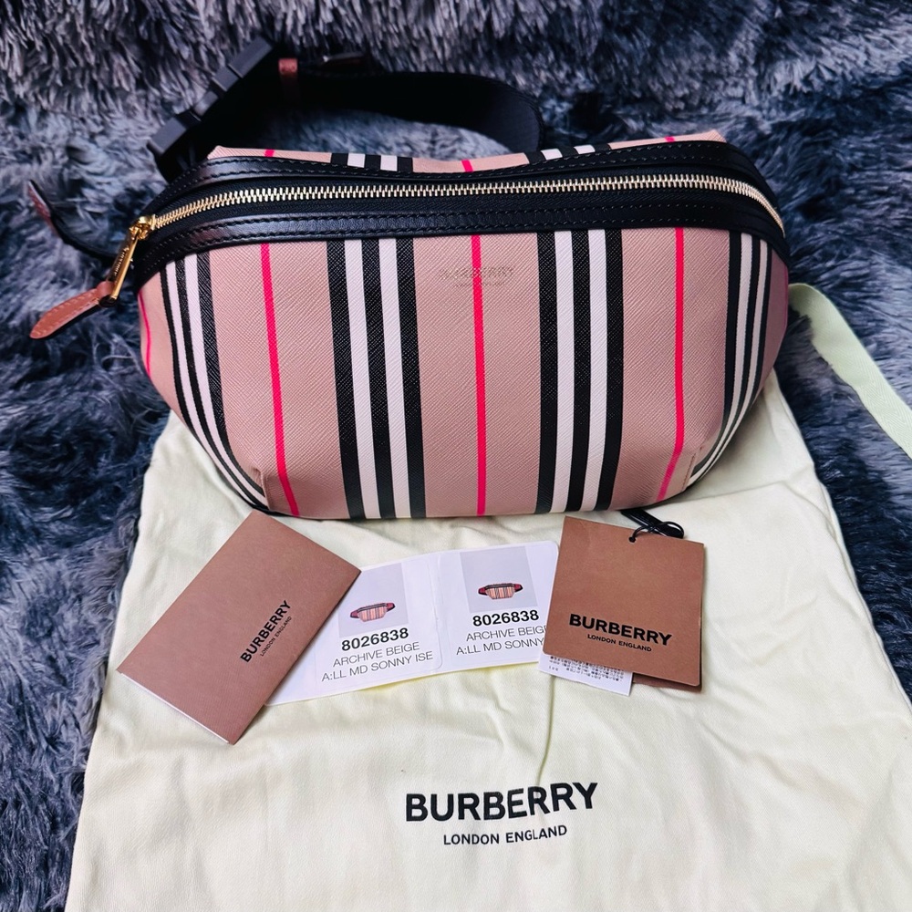 Burberry E-Canvas Icon Stripe Sonny Bum Bag Archive Beige